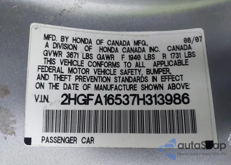 2007 Honda Civic Lx z USA, uszkodzony, nr VIN 2HGFA16537H313986
